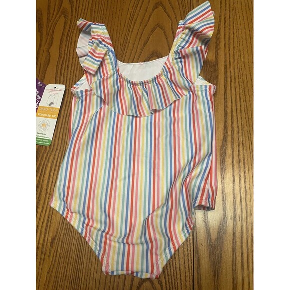 Disney Toddler Girl Princess Rainbow Striped Ruffled Swimsuit Size 12 mo. New - Picture 2 of 7